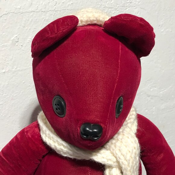 Vintage Handmade Velvet Red Teddy Bear Button Eyes Scarf & Hat - Picture 8 of 10